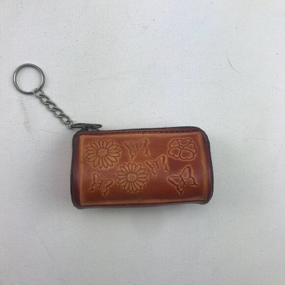Carved Leather Butterfly Flower Keychain Coin Purse Sailboat Palm Tree Souvenir - Picture 2 of 6